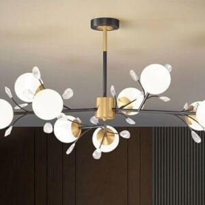 9-Light Globe Branch Chandelier | Modern Gold & Black Ceiling Light for Living Room, Dining & Bedroom | Frosted Glass Shades with Crystal Accents | E27 Bulb Compatible | Adjustable Rod