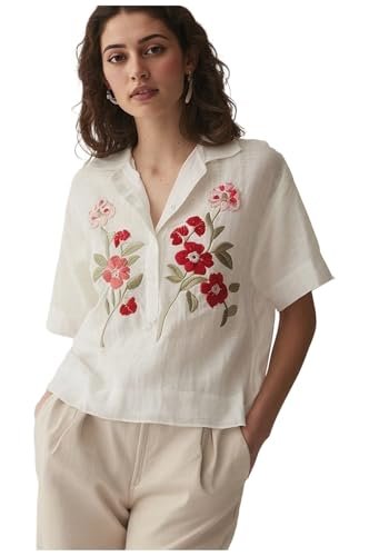 Designer Women Cream Cotton Embroidered Tops | Floral Thread Work Short Sleeve Shirt | Casual Summer Wear for Office & Daily Use