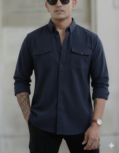 Men's Black Casual Shirt, Long Sleeve, Dual Chest Pockets, Button-Down Collar - Image 3