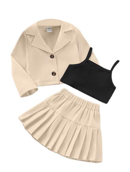 Three Piece Co ord Set Dress for Girls| Jacket Top and Skirt Open Front Suits Set| Girls Clothing Set