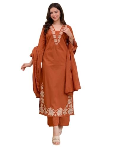 Designer Pure Cotton Embroidered Kurta Set for Women | Rust Orange Kurta with Pants & Dupatta | Floral Neck & Hem Embroidery | Cotton Kurta Set for Women | 10 Colour Options A