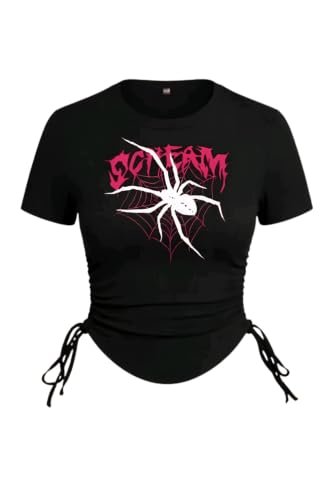 Women's Y2K Gothic Spider Graphic Crop Top | Ruched Drawstring Side Fitted Short Sleeve Tee | E-Girl Streetwear T-Shirt