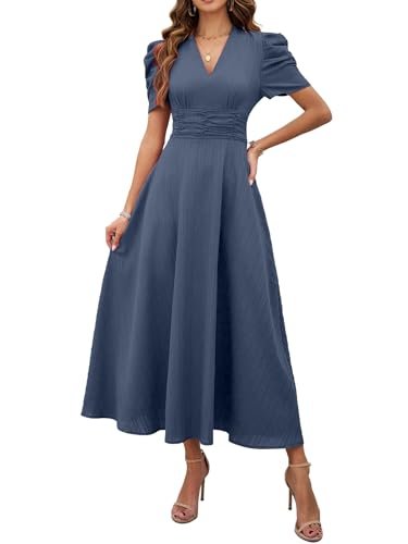 Girl's & Women's Solid Color V-Neck A-Line Maxi Dress for Women | New Year Party Outfit | Waist Cinched Puff Sleeve Western | Elegant Casual Wear (Dress 246)