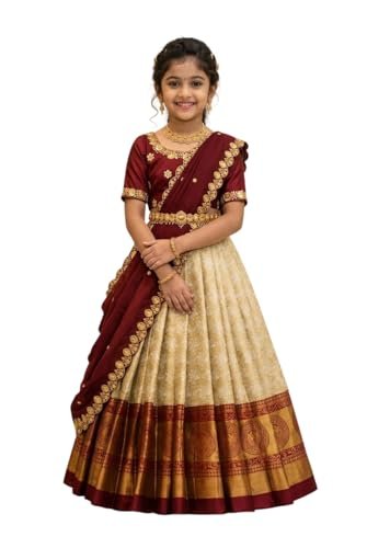 White Button New latest half Saree South Indian Langa Voni pattu pavadai lehenga choli for girls - Image 2