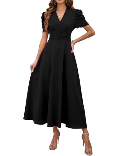 Girl's & Women's Solid Color V-Neck A-Line Maxi Dress for Women | New Year Party Outfit | Waist Cinched Puff Sleeve Western | Elegant Casual Wear (Dress 246)