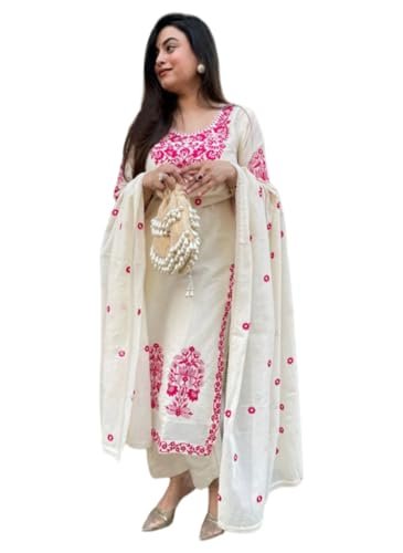 Kurta Sets for Women Viscose Embroidered | Kurta Pant Dupatta Set | Straight Kurti Set for Women | Round Neck 3/4 Sleeve Ethnic Suit | Designer Indian Kurti Outfit with Pan