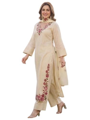 Designer Kurta Sets for Women Viscose Blend Embroidered | Kurta Palazzo Dupatta Set | Designer Kurti Set for Women | V Neck Full Sleeve Ethnic Suit | Indian Kurta Outfit with