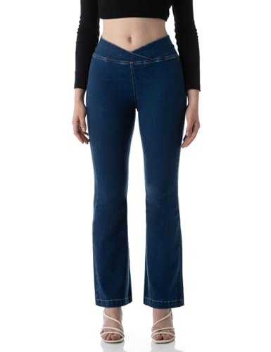 INKD Women's Flared Pull-on Jeans - Mid-Rise| Enzyme Wash | Slant Waistband | Jeans for Women (Available in Plus Sizes)