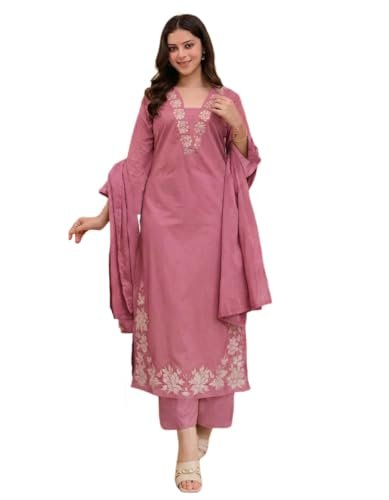 Designer Pure Cotton Embroidered Kurta Set for Women | Rust Orange Kurta with Pants & Dupatta | Floral Neck & Hem Embroidery | Cotton Kurta Set for Women | 10 Colour Options A