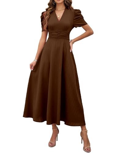 Girl's & Women's Solid Color V-Neck A-Line Maxi Dress for Women | New Year Party Outfit | Waist Cinched Puff Sleeve Western | Elegant Casual Wear (Dress 246)