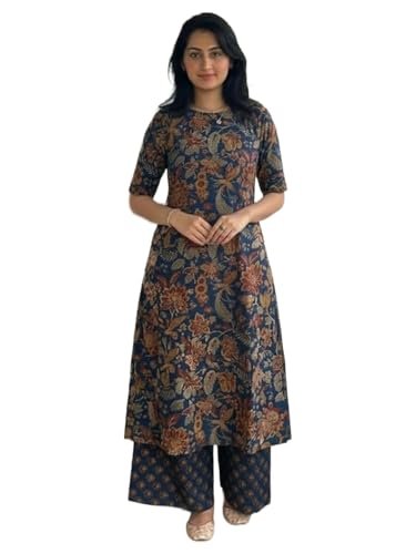 Designer Women's Viscose Blend Straight Printed Kurta with Palazzo | Elbow Length Sleeve Kurti Set | Close Neck with Back Slit | Soft Comfortable Fabric | 2 Piece Outfit