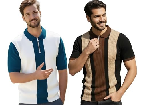 Men's Retro Cable-Knit Quarter-Zip Polo | Premium Textured Self-Design Half Sleeve T-Shirt for Men