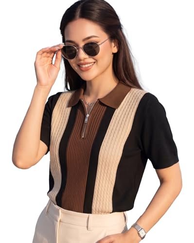 Women’s Casual Summer Polo Knit T-Shirt | Zip Collar Top | Half Sleeves | Ribbed Panel Design | Lightweight Comfort | Regular Fit