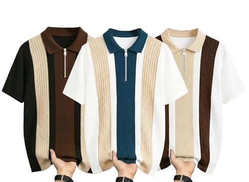 Men's Retro Cable-Knit Quarter-Zip Polo | Premium Textured Self-Design Half Sleeve T-Shirt for Men