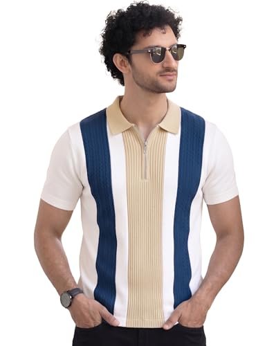 Men's Zip Collar Polo Tshirt | Cotton Rich Material | Half Sleeves | Modern Knit Panel Work | Regular Fit
