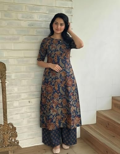 Designer Women's Viscose Blend Straight Printed Kurta with Palazzo | Elbow Length Sleeve Kurti Set | Close Neck with Back Slit | Soft Comfortable Fabric | 2 Piece Outfit - Image 3