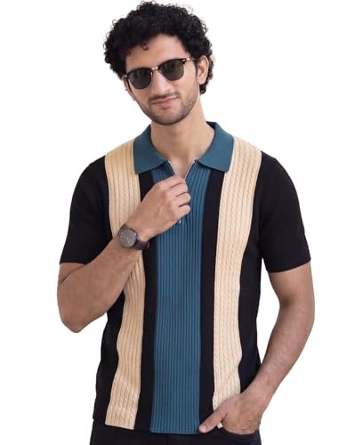 Men's Zip Collar Polo Tshirt | Cotton Rich Material | Half Sleeves | Modern Knit Panel Work | Regular Fit