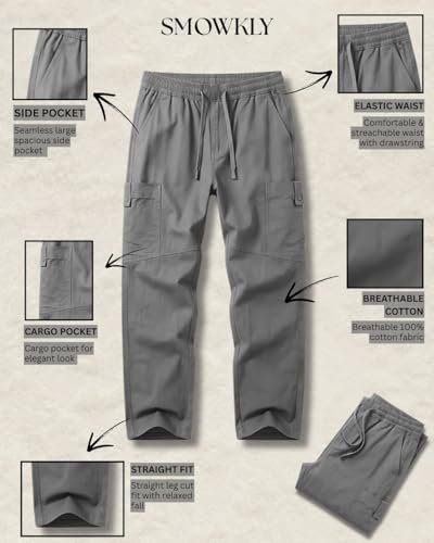 Cargo for Men | Cotton Cargo Pant | Lower for man | Elastic Drawstring Waist Straight Fit Bottoms | Comfortable Breathable Cargos for Casual, Office Wear - Image 4