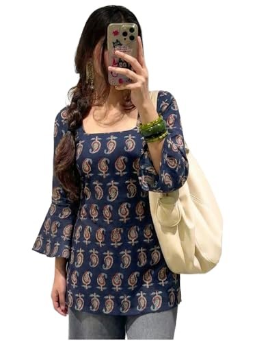 Designer Women’s Viscose Blend Printed Short Kurti | Straight Fit Casual Ethnic Top | Square Neck Full Sleeve Kurta Office College