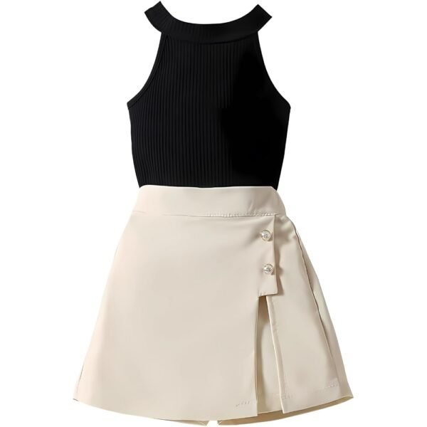 RIYANSHI Girls Sleeveless Ribbed Top & Button Skirt Set | Stylish Two-Piece Casual Outfit & Everyday Wear