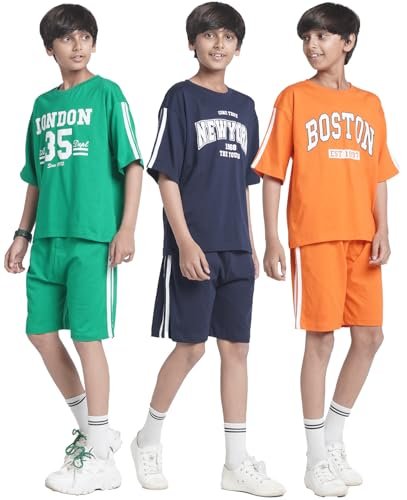 T2F Boys Cotton Printed DropShoulder Fit T-Shirt and Shorts Clothing Set (Pack of 3)