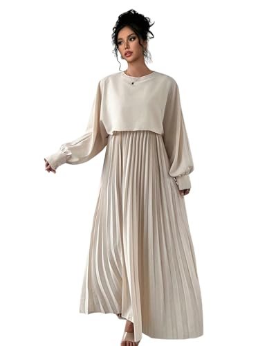 Dress for Women || Women’s Solid Pleated Maxi Dress || Modest Long Sleeve Loose Fit Flowy Gown for Casual, Office & Brunch || Lightweight Comfortable Western Outfit (T-L-17-1