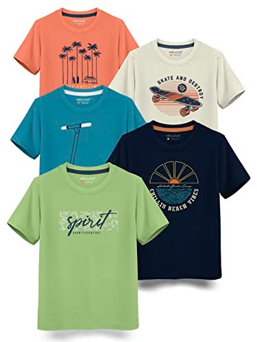 Boys Round Neck Printed Blended Cotton Tshirt -Combo Pack of 2 - Orange/Blue