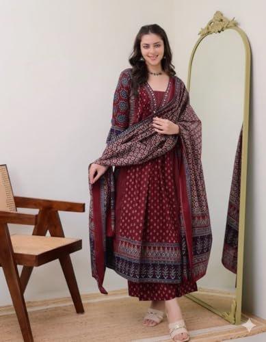 Women's Rayon Printed Anarkali Kurta and Pant with Dupatta Set - Image 6