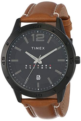 Analog Watch for man with Black Round Dial & Tan Leather Strap Band Water Resistant Men's Wrist Watches - TW000U934 - Image 2