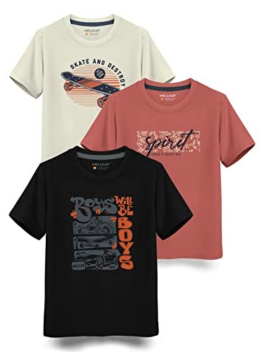 Boys Round Neck Printed Blended Cotton Tshirt -Combo Pack of 2 - Orange/Blue
