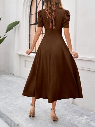 Girl's & Women's Solid Color V-Neck A-Line Maxi Dress for Women | New Year Party Outfit | Waist Cinched Puff Sleeve Western | Elegant Casual Wear (Dress 246) - Image 2