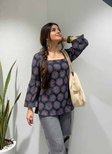 Designer Women’s Viscose Blend Printed Short Kurti | Straight Fit Casual Ethnic Top | Square Neck Full Sleeve Kurta Office College - Image 3
