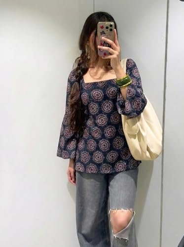 Designer Women’s Viscose Blend Printed Short Kurti | Straight Fit Casual Ethnic Top | Square Neck Full Sleeve Kurta Office College - Image 6
