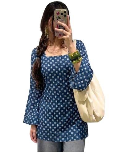 Designer Women’s Viscose Blend Printed Short Kurti | Straight Fit Casual Ethnic Top | Square Neck Full Sleeve Kurta Office College