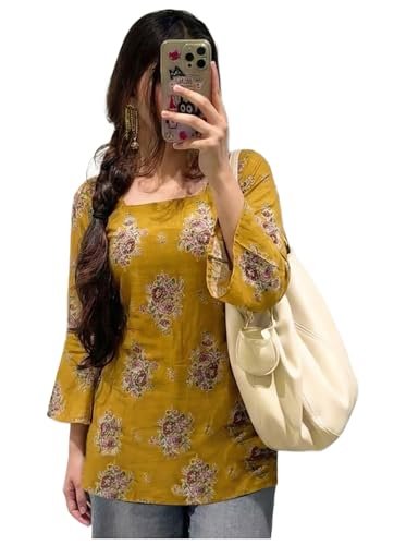 Designer Women’s Viscose Blend Printed Short Kurti | Straight Fit Casual Ethnic Top | Square Neck Full Sleeve Kurta Office College