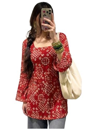 Designer Women’s Viscose Blend Printed Short Kurti | Straight Fit Casual Ethnic Top | Square Neck Full Sleeve Kurta Office College