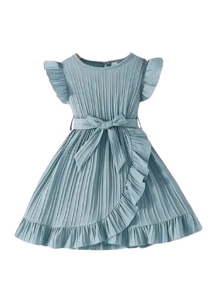 Baby Girls Designer Dress | Pleated A-Line Dress with Ruffle Sleeves & Waist Tie | Birthday