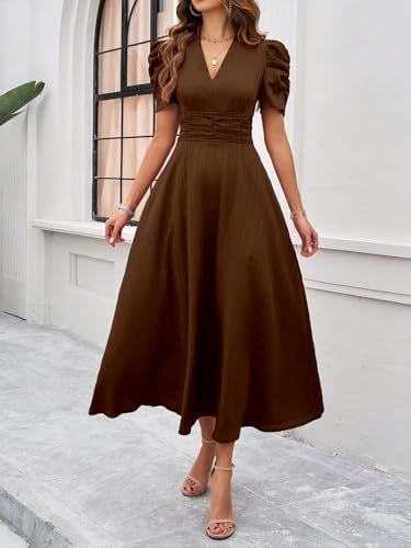 Girl's & Women's Solid Color V-Neck A-Line Maxi Dress for Women | New Year Party Outfit | Waist Cinched Puff Sleeve Western | Elegant Casual Wear (Dress 246) - Image 3