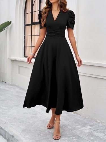 Girl's & Women's Solid Color V-Neck A-Line Maxi Dress for Women | New Year Party Outfit | Waist Cinched Puff Sleeve Western | Elegant Casual Wear (Dress 246) - Image 3