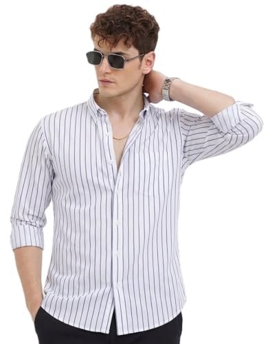 U TURN Men's Casual Printed Striped Stylish Latest Formal Plus Size Shirt for Men | Cotton Mix 220 GSM