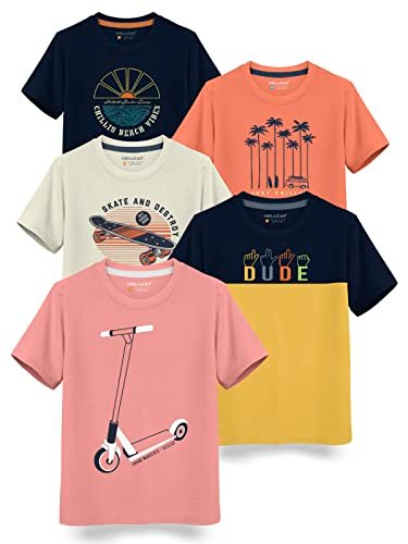 Boys Round Neck Printed Blended Cotton Tshirt -Combo Pack of 2 - Orange/Blue