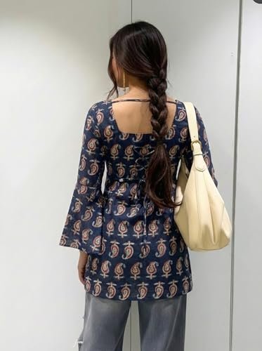 Designer Women’s Viscose Blend Printed Short Kurti | Straight Fit Casual Ethnic Top | Square Neck Full Sleeve Kurta Office College - Image 2
