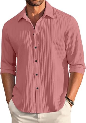 Men's Casual Button Down Shirts Long Sleeve Linen Shirt Fashion Textured Beach Summer Shirt