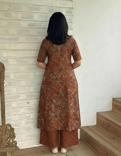 Designer Women's Viscose Blend Straight Printed Kurta with Palazzo | Elbow Length Sleeve Kurti Set | Close Neck with Back Slit | Soft Comfortable Fabric | 2 Piece Outfit - Image 2