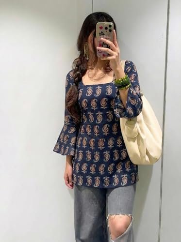 Designer Women’s Viscose Blend Printed Short Kurti | Straight Fit Casual Ethnic Top | Square Neck Full Sleeve Kurta Office College - Image 6