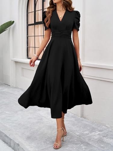 Girl's & Women's Solid Color V-Neck A-Line Maxi Dress for Women | New Year Party Outfit | Waist Cinched Puff Sleeve Western | Elegant Casual Wear (Dress 246) - Image 4