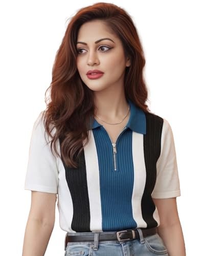 Women’s Casual Summer Polo Knit T-Shirt | Zip Collar Top | Half Sleeves | Ribbed Panel Design | Lightweight Comfort | Regular Fit