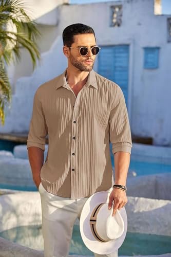 Men's Casual Button Down Shirts Long Sleeve Linen Shirt Fashion Textured Beach Summer Shirt - Image 3