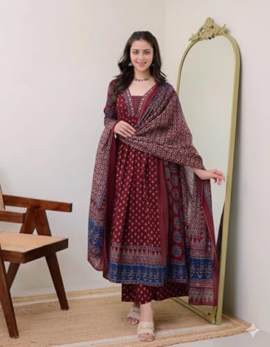 Women's Rayon Printed Anarkali Kurta and Pant with Dupatta Set - Image 5