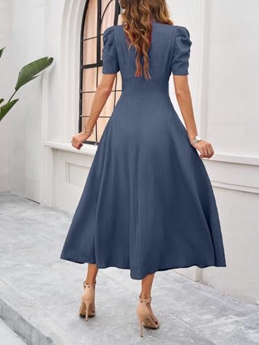 Girl's & Women's Solid Color V-Neck A-Line Maxi Dress for Women | New Year Party Outfit | Waist Cinched Puff Sleeve Western | Elegant Casual Wear (Dress 246) - Image 2